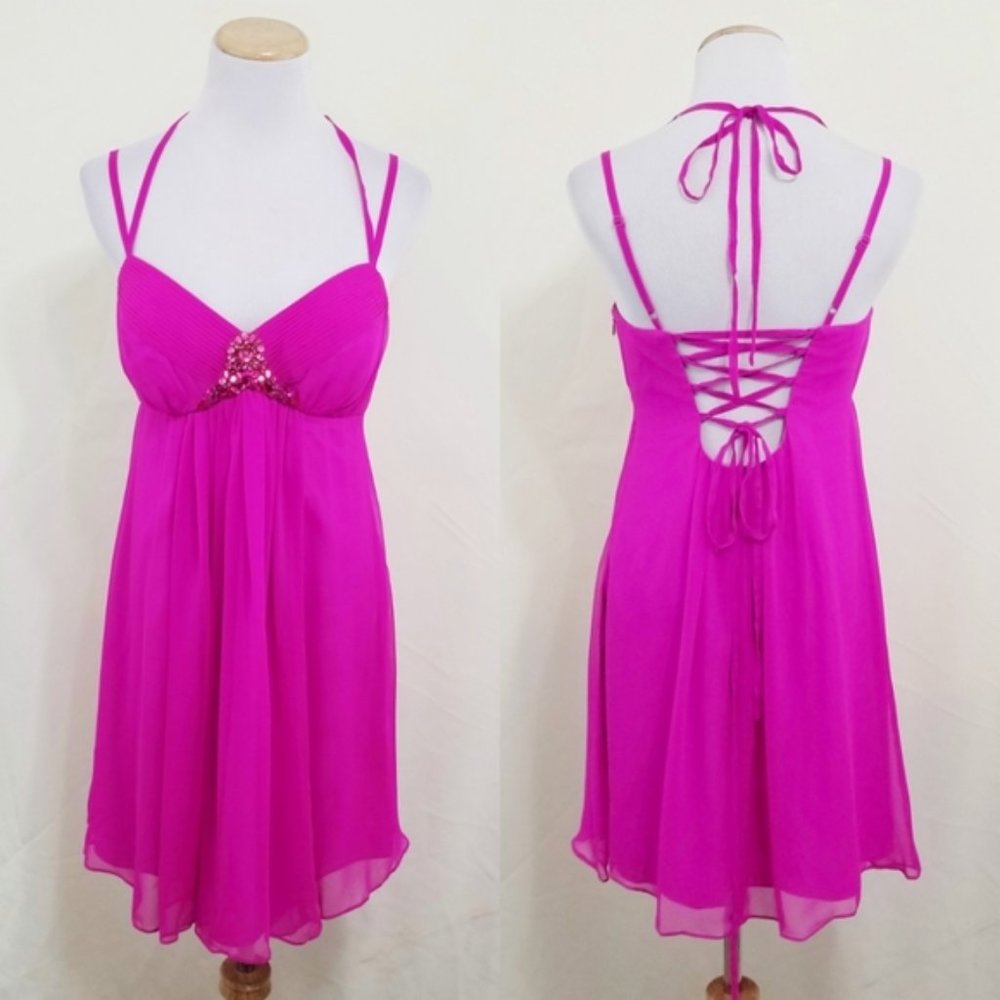 Oleg Cassini hot pink silk chiffon dress babydoll